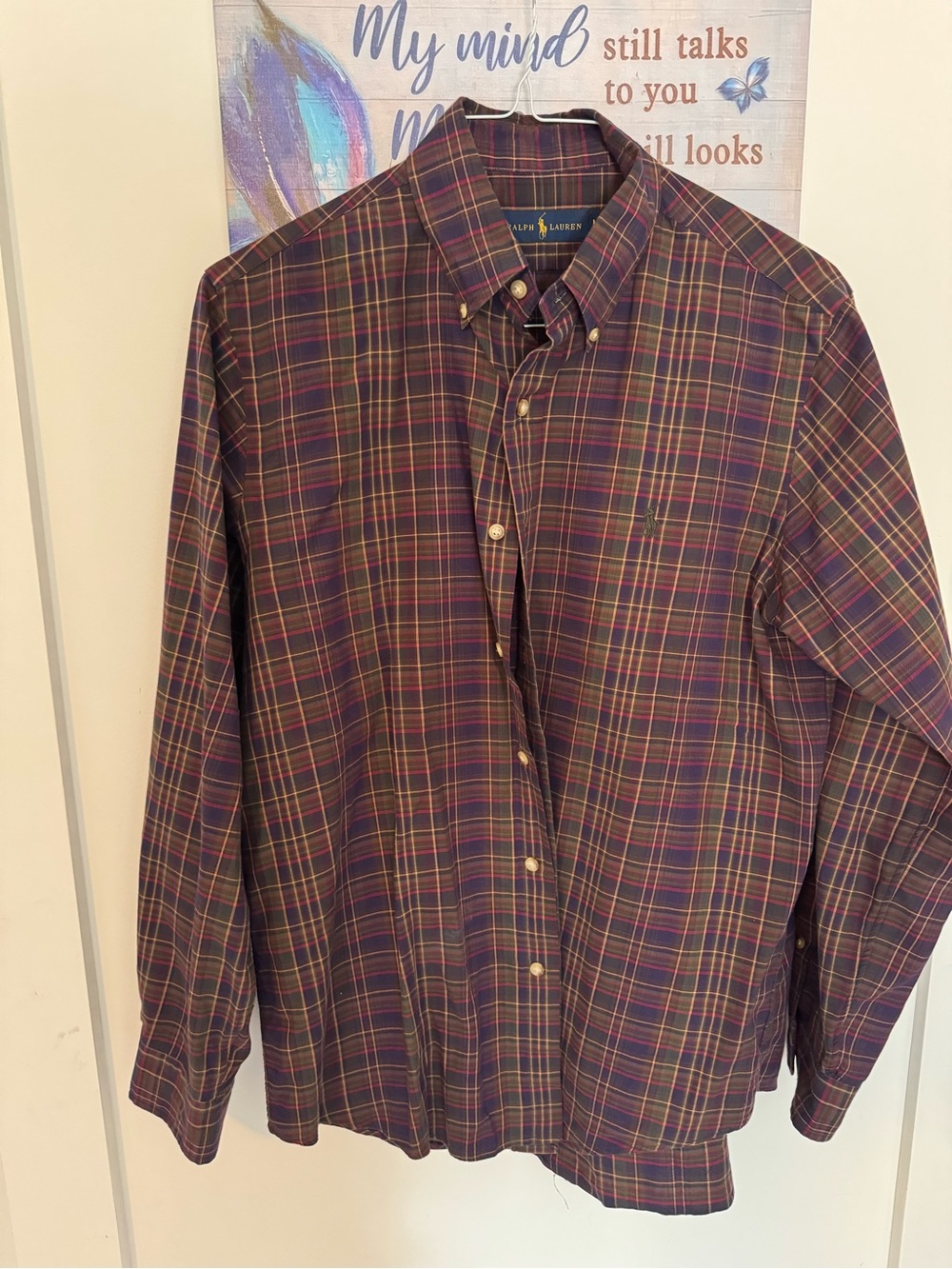 Ralph Lauren Menβs Burgundy and Green Plaid Button-Down Shirt